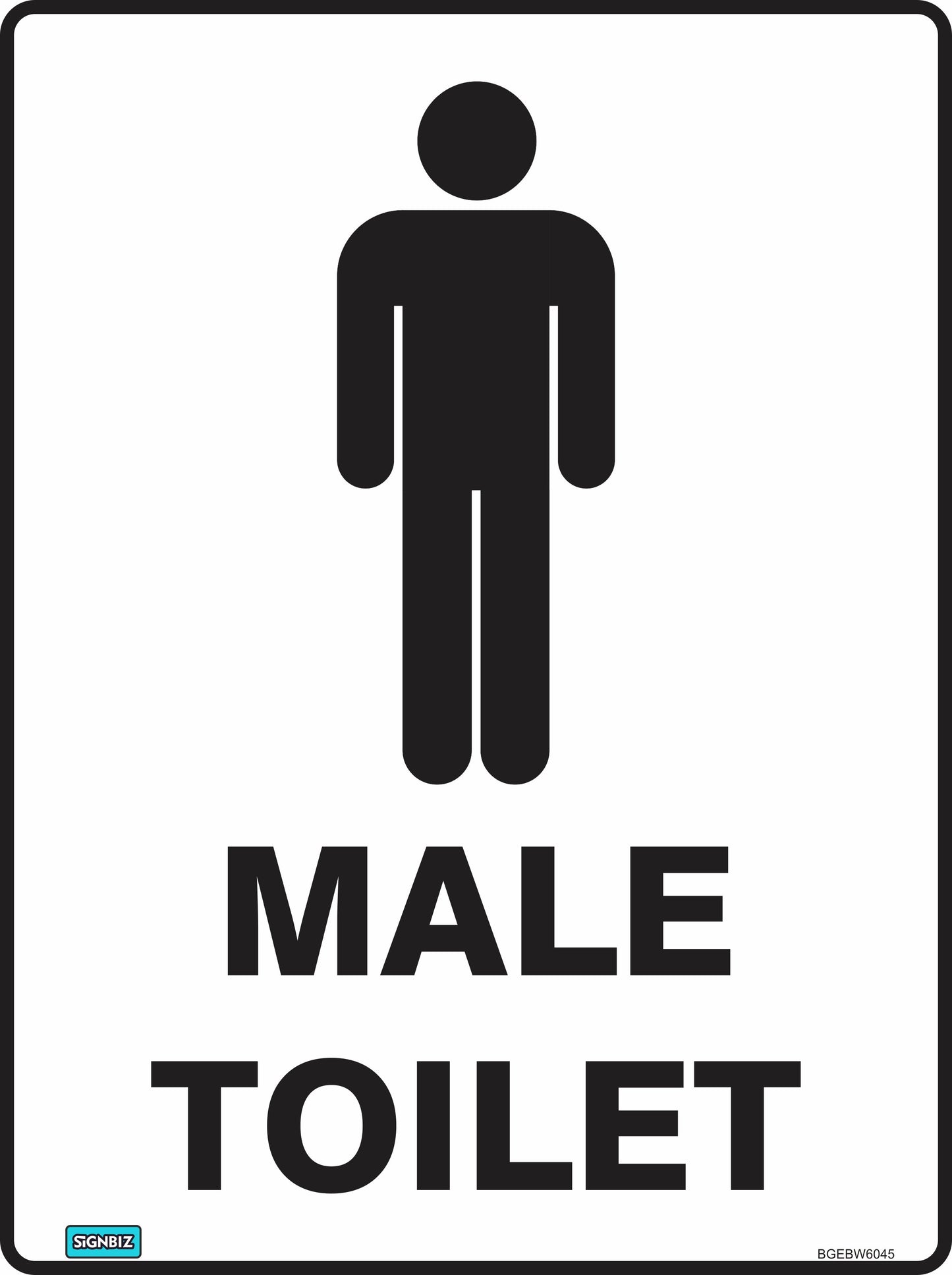 The Bathroom Male Toilet Black & White sign features a simple black icon of a standing person above the bold "MALE TOILET" text, clearly marking restrooms in compliance with AS/NZS1319 standards.