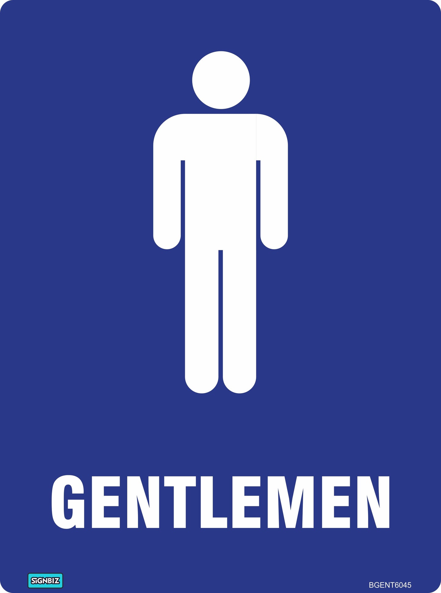 The Bathroom Gentleman Toilet Blue & White sign features a blue background, a white standing person icon, and "GENTLEMEN" in bold white letters, for clear workplace restroom identification and AS/NZS1319 compliance.