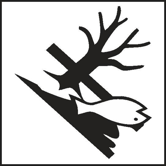 The DANGEROUS GOODS EVIRON HAZARD symbol features a dead tree, dead fish, and diagonal line in black and white, warning of environmental hazard.