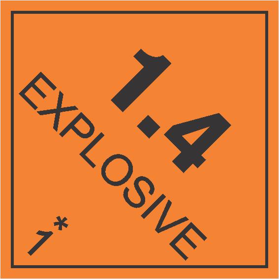 An orange square label with a black border and bold "1.4 EXPLOSIVE 1*" text marks the DANGEROUS GOODS EXPLOSIVES 1.4 category hazard.