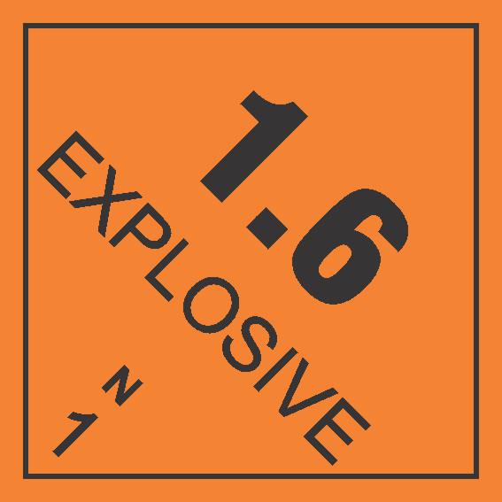 The DANGEROUS GOODS EXPLOSIVES 1.6 label is orange with a black border, bold diagonal "1.6 EXPLOSIVE" text, and "N" above a "1" in the lower left corner.