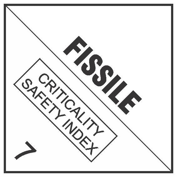 The "DANGEROUS GOODS FISSILE 7" label is black and white, displays “FISSILE,” features a “CRITICALITY SAFETY INDEX” box, and has the number 7 in the bottom left to indicate radioactive material classification.