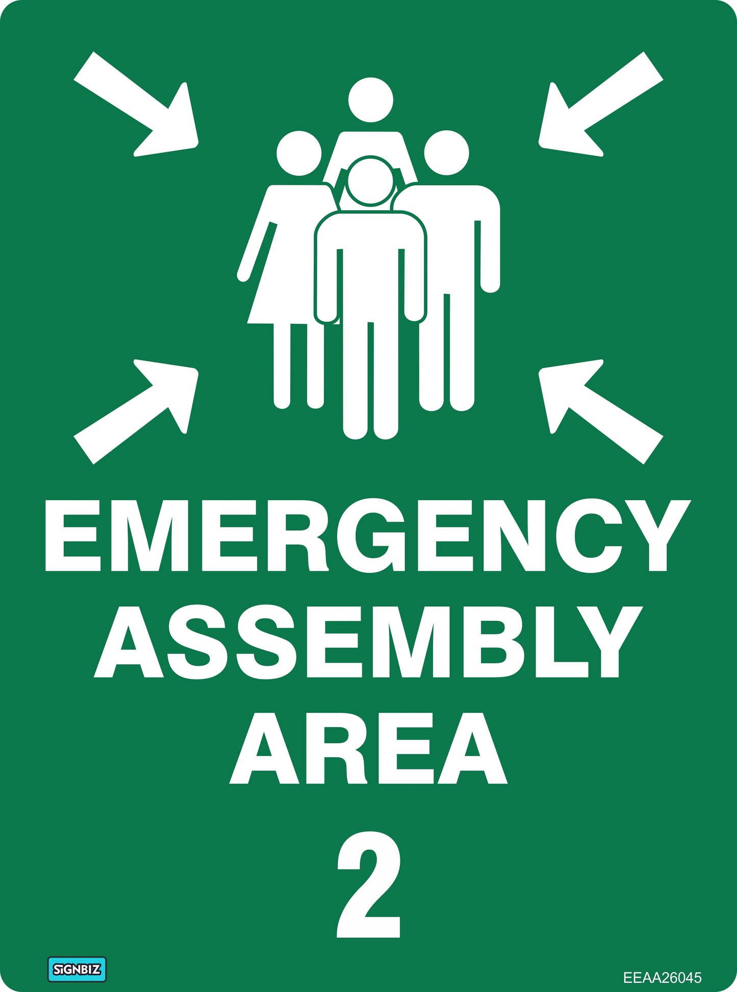The Emergency Assembly Area 2 sign features four white arrows pointing to four people above "EMERGENCY ASSEMBLY AREA 2" text and meets AS/NZS1319 standards, clearly marking the designated emergency assembly location.