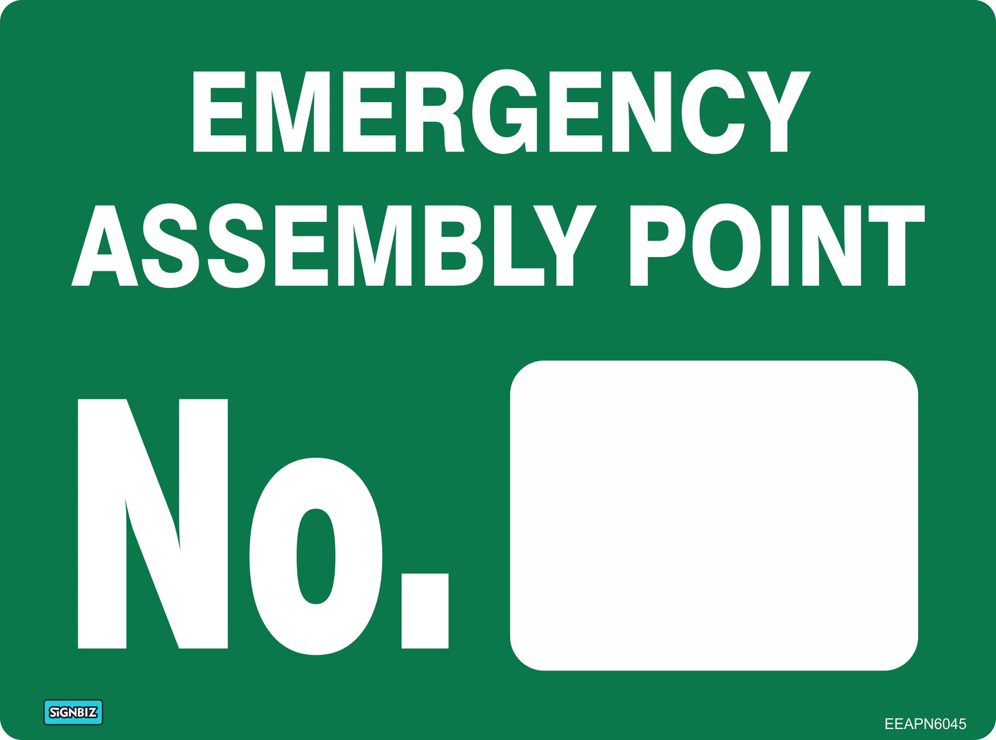 Emergency Assem. Point Number sign—green with white "EMERGENCY ASSEMBLY POINT No." text and blank space for numbering. Features company logo bottom left, text bottom right, and complies with AS/NZS1319 safety standards.