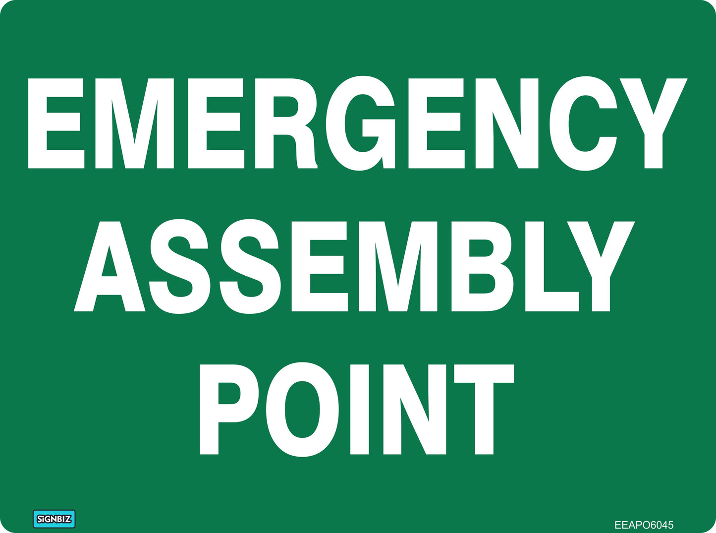 The Emergency Assembly Point sign is green with bold white text, compliant with AS/NZS1319. It features a small logo and code at the bottom, making it essential emergency information signage and safety equipment.
