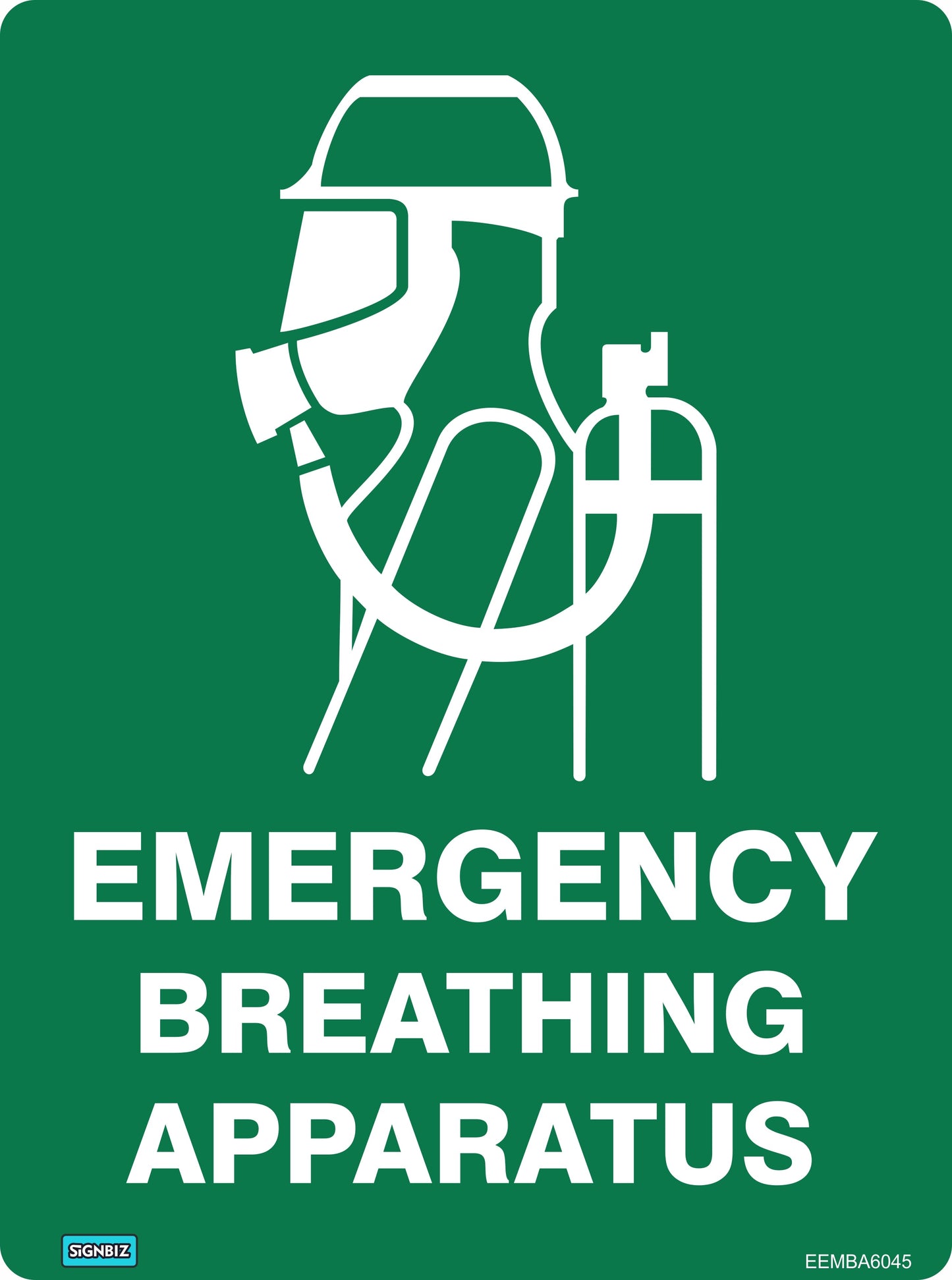 A green Emergency Information Sign for "Emergency Breathing Apparatus" displays a white outline of a person with safety gear. The text "EMERGENCY BREATHING APPARATUS" is in bold white capitals, compliant with AS/NZS1319 standards.