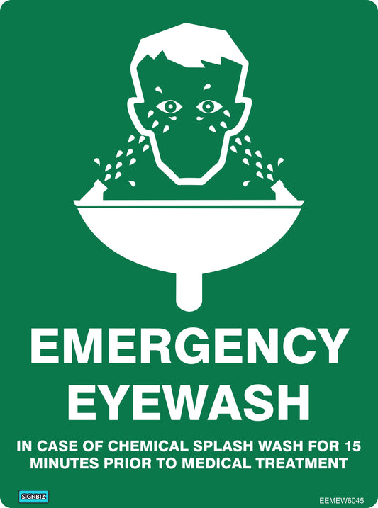 Green Emergency Eyewash sign features a person using an eyewash station. Text: "EMERGENCY EYEWASH: In case of chemical splash, wash eyes for 15 minutes before medical treatment." Complies with Australian New Zealand Standards.