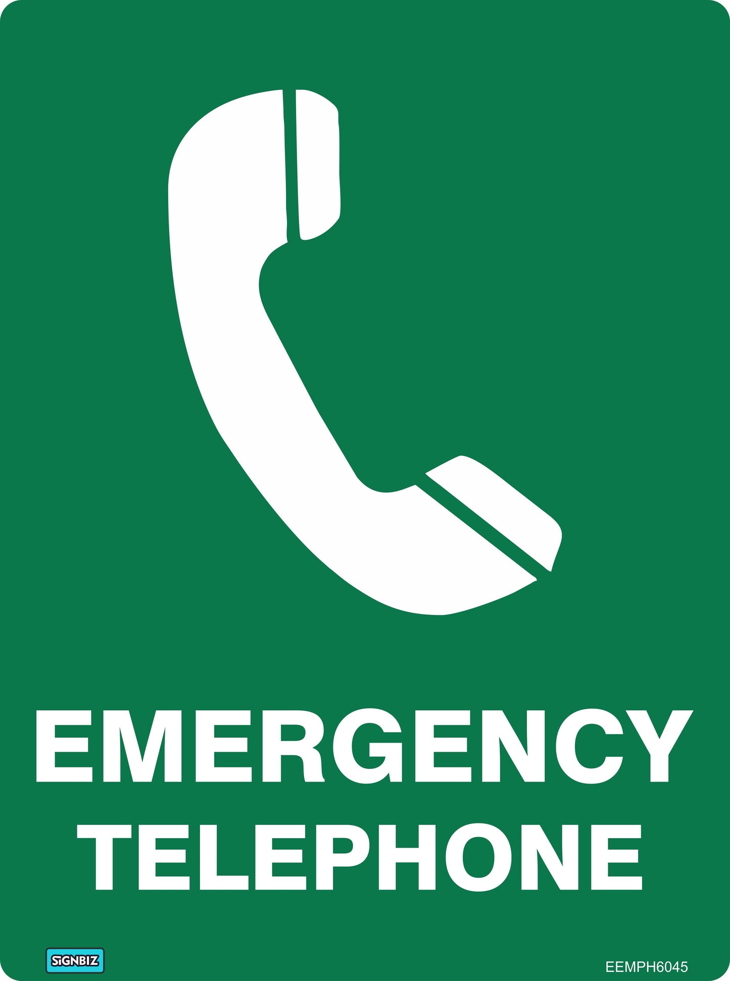 A green "Emergency Telephone" sign features a white handset icon above bold uppercase text, meeting AS/NZS1319 standards for Emergency Information Signs and marking safety equipment locations.