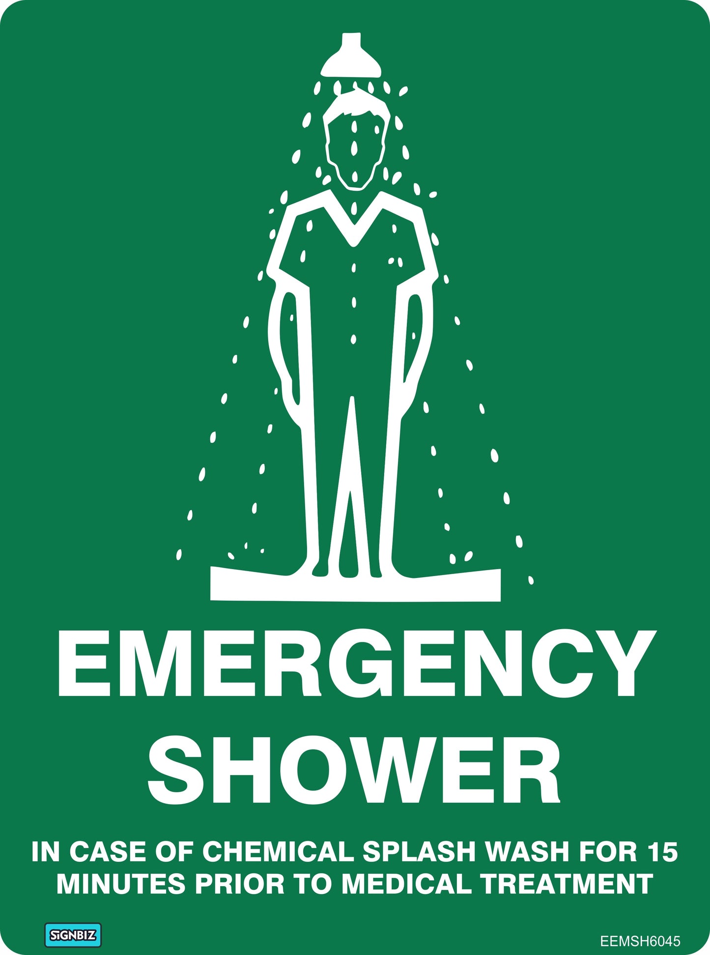 A green Emergency Shower sign shows a figure under a shower with water spraying down. Text: "EMERGENCY SHOWER: For chemical splash, rinse for 15 minutes before medical care." AS/NZS1319 compliant safety equipment.