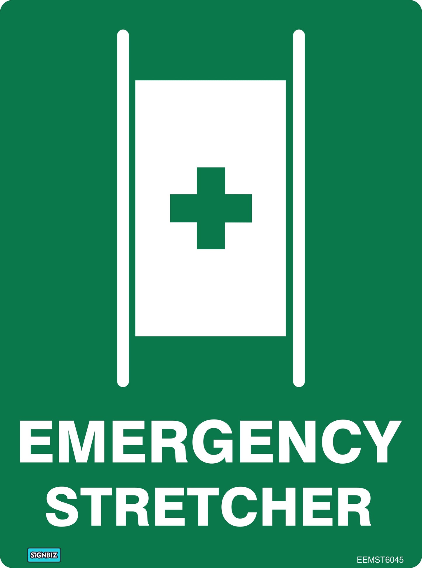 A green AS/NZS1319 Emergency Stretcher sign shows a white stretcher icon with a cross and the words “EMERGENCY STRETCHER” in bold, clearly marking the location of vital safety equipment.