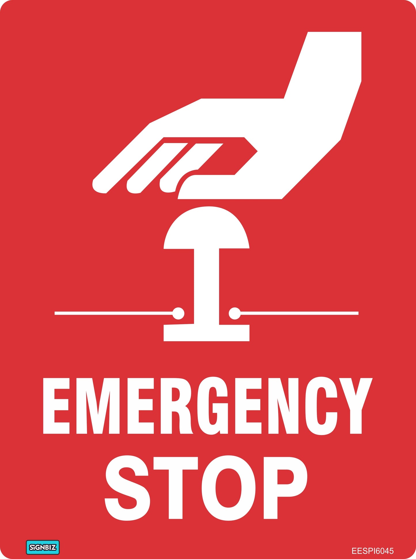 The Emergency Stop With Pic sign is a red AS/NZS1319 emergency information sign featuring a white hand pressing an emergency stop button and bold "EMERGENCY STOP" text—ideal for highlighting emergency stop equipment.