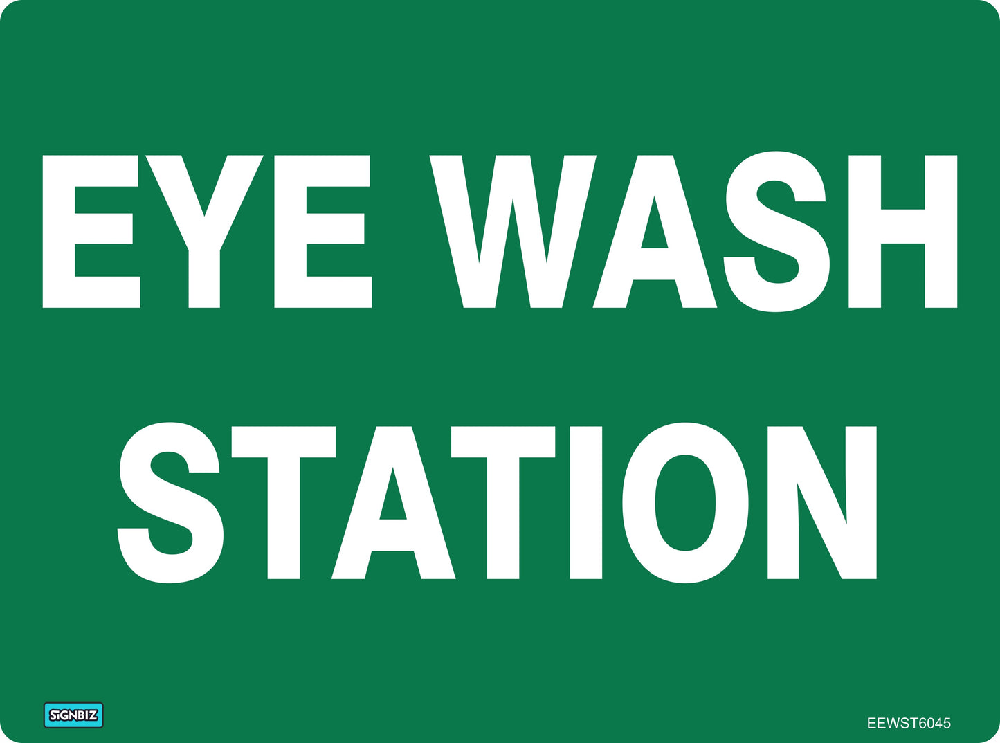 A green and white Emergency Eye Wash Station sign with bold text, designed per AS/NZS1319 standards, clearly marks the location of safety equipment for rapid identification in emergencies.