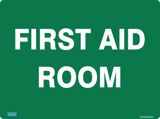 A green Emergency First Aid Room sign features large white text, a small blue SIGNBIZ logo in the bottom left, and code EFARO6045 in the bottom right to indicate first aid facilities or safety equipment.