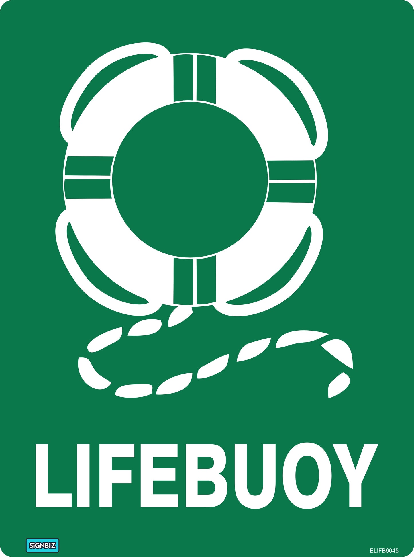 A green sign with a white lifebuoy and rope above “Emergency Lifebuoy” in bold capitals, designed as safety equipment and compliant with AS/NZS1319 Emergency Information Signs standards.