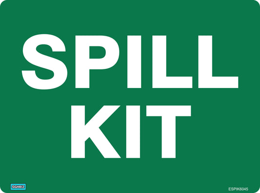 A green Emergency Spill Kit sign features large, bold white letters and is used as an Emergency Information Sign to identify safety equipment. There’s a small label in the lower left corner and a code in the lower right corner.