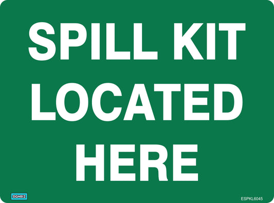 A green Emergency Information Sign displays large white text: "SPILL KIT LOCATED HERE." The Spill Kit Located Here sign includes small "SIGNBZ" branding and a code for compliance with AS/NZS1319 safety standards.