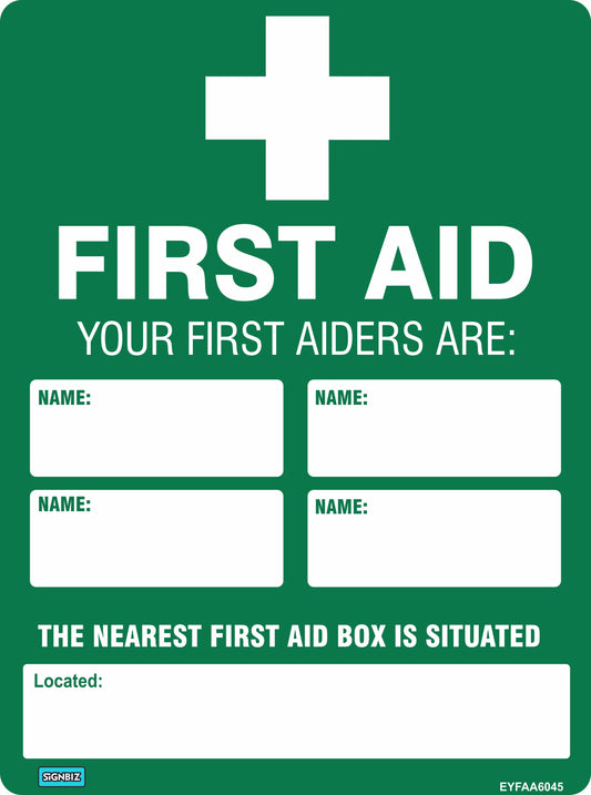 The Emergency First Aid Info sign is green and white, with spaces to write first aiders’ names and the first aid location. It features a white cross at the top for easy identification of essential safety equipment.