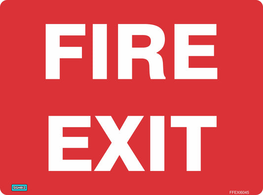 A red "Fire Exit" sign with large white capital letters, designed to AS/NZS1319 standards, features a small label in the bottom left corner.