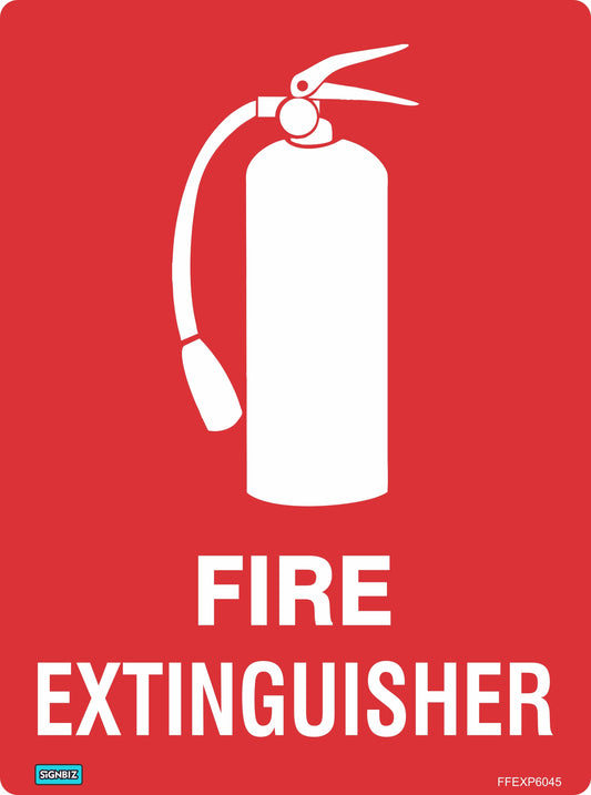 A red "Fire Extinguisher With Picture" sign featuring a white fire extinguisher icon and bold "FIRE EXTINGUISHER" text, compliant with Australian Standards for fire safety signage.