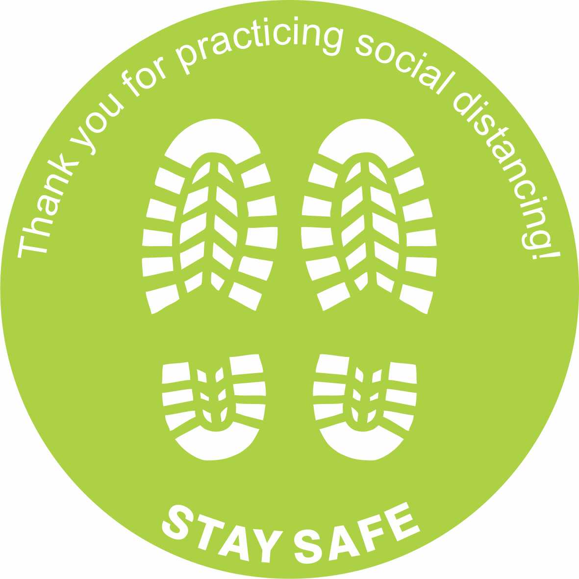 The VINYL FLOOR GRAPHIC THANK YOU FOR PRACTICING SOCIAL DISTANCING features a green circle with white footprints, “Thank you for practicing social distancing!” along the top edge, and “STAY SAFE” at the bottom.