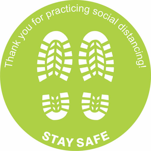 The VINYL FLOOR GRAPHIC THANK YOU FOR PRACTICING SOCIAL DISTANCING features a green circle with white footprints, “Thank you for practicing social distancing!” along the top edge, and “STAY SAFE” at the bottom.