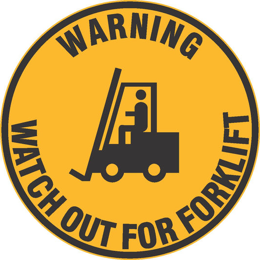 The VINYL FLOOR GRAPHIC WARNING WATCH OUT FOR FORKLIFT is a yellow circular sign with a black border and forklift graphic, alerting workers to stay vigilant for forklifts in busy areas.