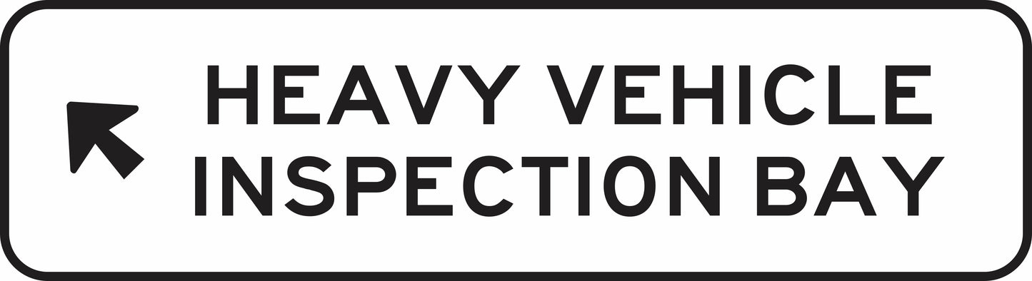 The G9-263n sign features a black left-angled arrow and bold, all-caps text reading "HEAVY VEHICLE INSPECTION BAY," framed by a black border on a rectangular background.