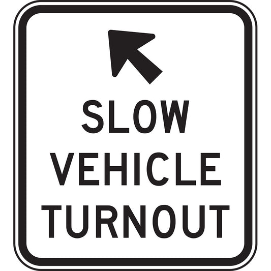 The G9-51 - Slow Vehicle Use Turnouts sign features a left upward arrow above "SLOW VEHICLE TURNOUT" in black text on a white background with a black border.