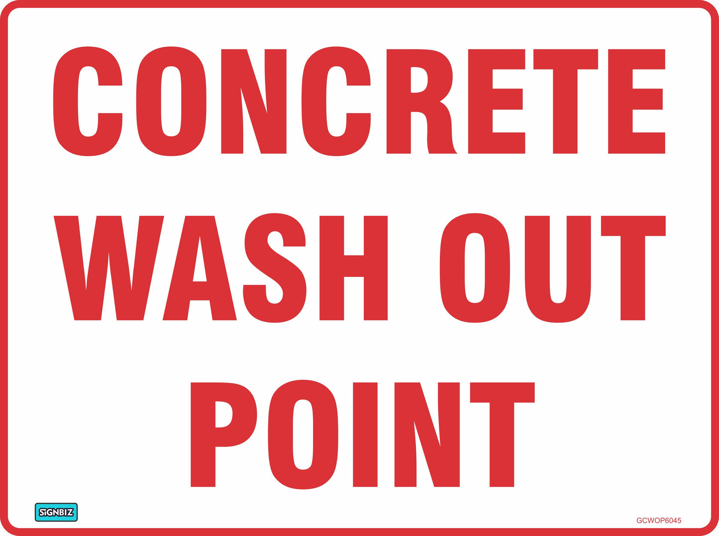 A white sign features bold red text stating "Concrete Wash Out Point," with a small logo in the lower left and a code in the lower right corner.