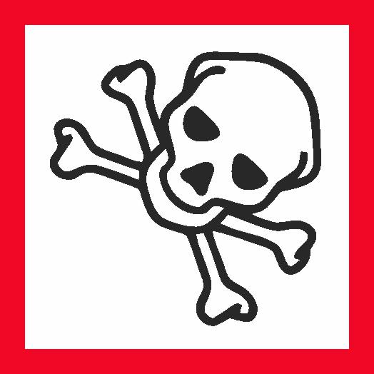 The DANGEROUS GOODS GHS DECAL ACUTE TOXICITY features a black outline of a skull and crossbones on a white background with a red border.