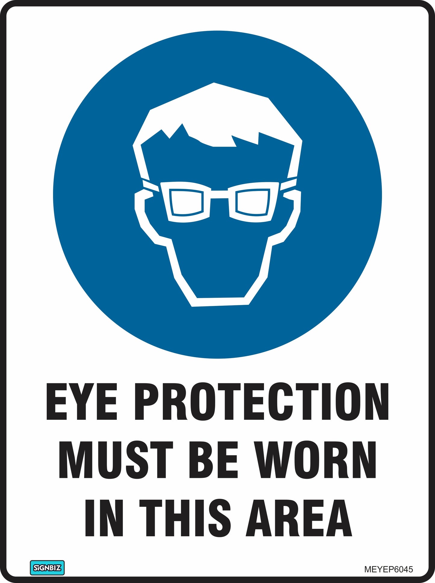 The Mandatory Eye Prot Req sign shows a head with safety glasses in a blue circle per AS/NZ 1319-1994, with "Eye protection must be worn in this area" printed in bold black below.