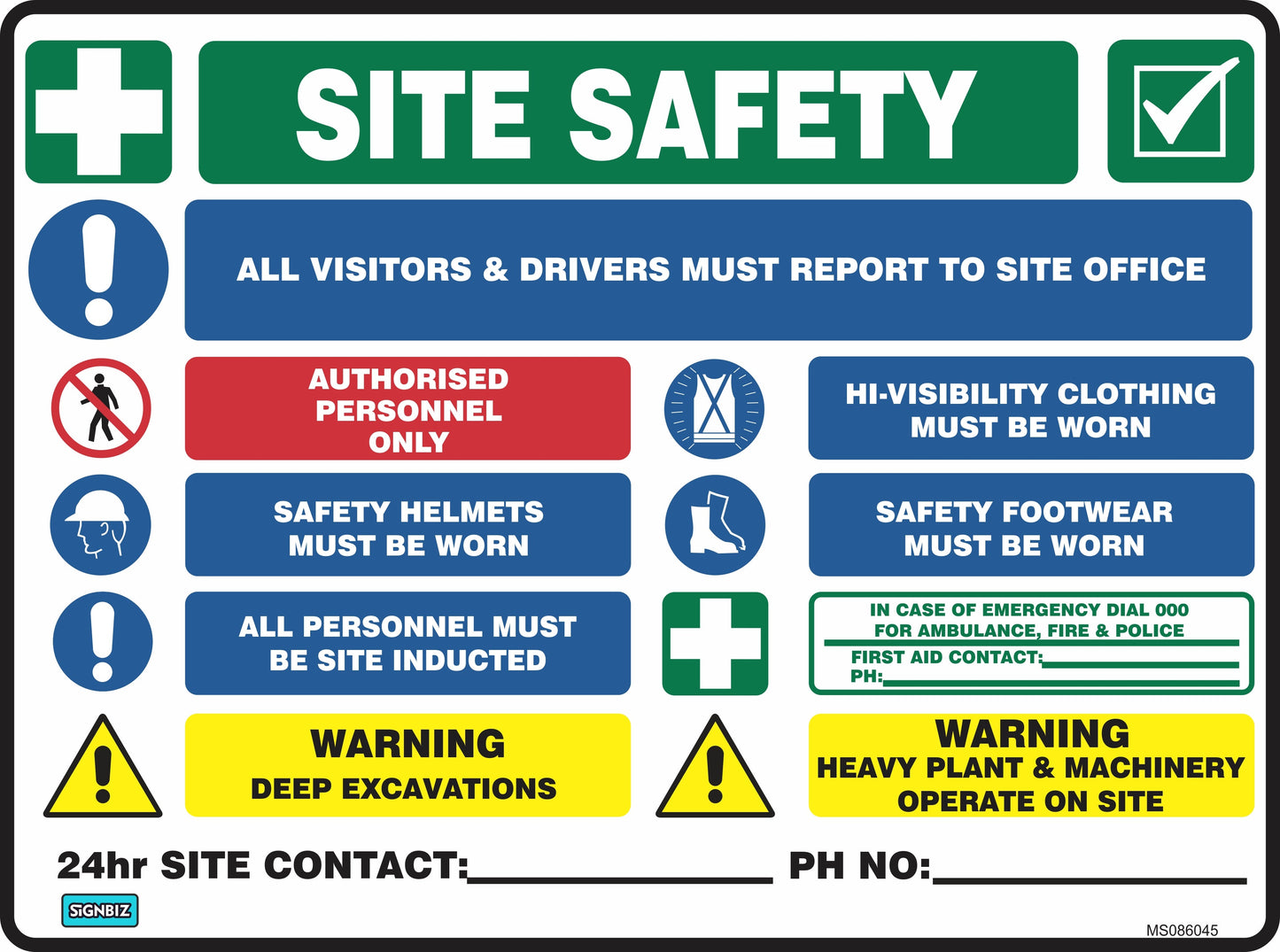 The Mandatory Multi Safety Sign Warning displays essential site safety messages: report to office, authorised personnel only, hi-vis clothing, helmets and boots required, induction needed, deep excavation and heavy machinery hazards, plus contact info.
