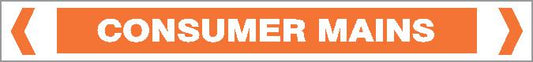 An orange rectangular "Pipe Marker - ELECTRICAL - CONSUMER MAINS" sign features bold white text in all caps and is bordered by two inward-pointing white arrows at each end.