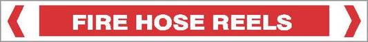The Pipe Marker - FIRE - FIRE HOSE REELS is a rectangular red sign with white text, "FIRE HOSE REELS," and two white arrows pointing inward from both ends.