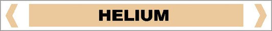 A rectangular beige Pipe Marker - GAS - HELIUM sign with bold, black "HELIUM" lettering, white and gray borders, and arrow-like shapes on each end.