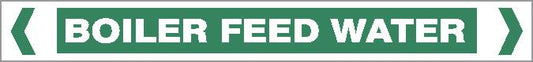 The Pipe Marker - WATER - BOILER FEED WATER is a green rectangular sign with white all-capital text reading "BOILER FEED WATER," bordered by white angled brackets at each end.