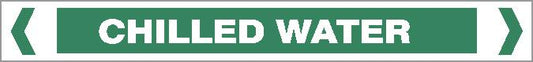 A Pipe Marker - WATER - CHILLED WATER is a green rectangular sign with white all-caps text reading "CHILLED WATER," bordered by white brackets on both sides.