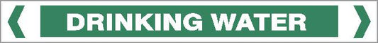 The Pipe Marker - WATER - DRINKING WATER is a green rectangular sign with white, all-capital "DRINKING WATER" text and inward-pointing white arrow shapes on each side.