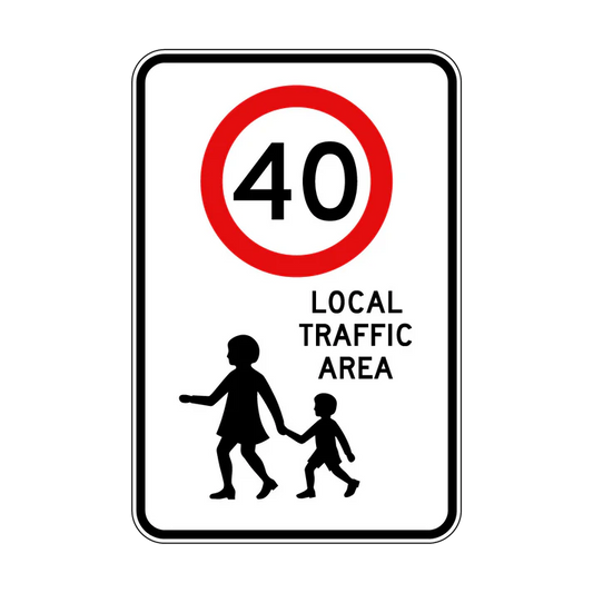 The R4-240n Local Traffic Area (40) sign is rectangular, features a red circle with "40," and below that, displays "LOCAL TRAFFIC AREA" alongside silhouettes of an adult and child holding hands.