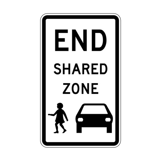 The R4-5 End Shared Zone sign is a rectangular Australian Standards road sign with "END SHARED ZONE" in black and icons of a pedestrian and car below, showing the zone for both is ending.