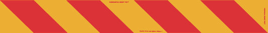A pattern of alternating diagonal red and yellow stripes, resembling a reflective marker for the "Truck Marker Right Side Only," fills the image. Small red text appears at the top center, bottom center, and along the right edge.