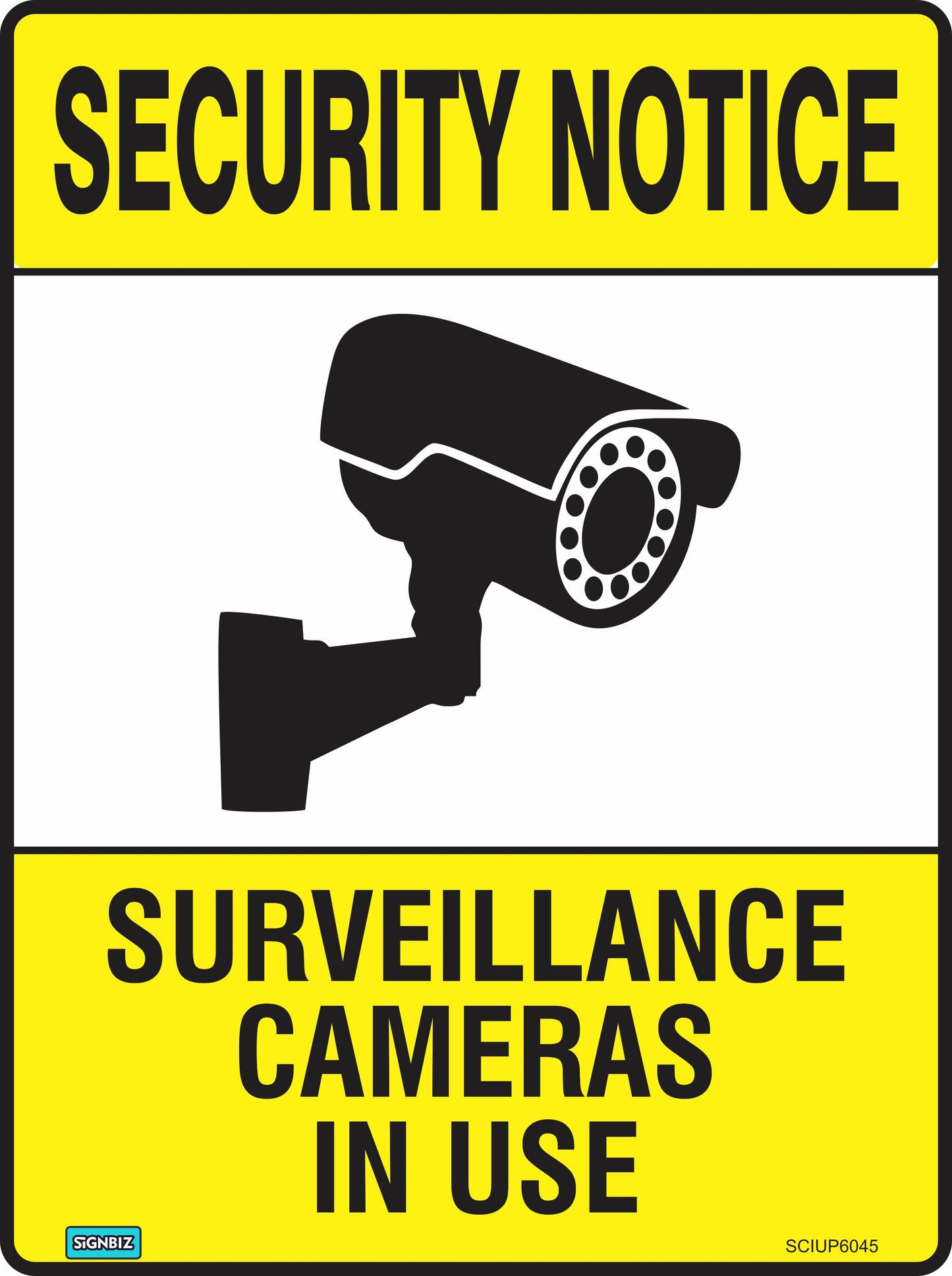 The Sec Surveillancecams In Use sign is yellow and black, reads "SECURITY NOTICE" at the top, shows a camera image in the center, and states "SURVEILLANCE CAMERAS IN USE" at the bottom. Compliant with AS/NZS1319 safety sign standards.