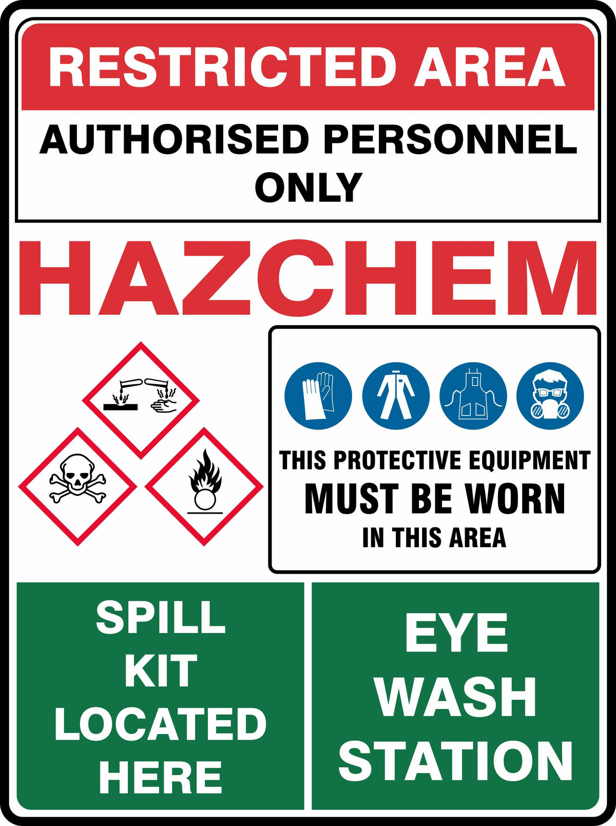 The Restricted Area Site Sign Multi 4 TASMAN displays clear safety notices, including: “Restricted Area—Authorised Personnel Only,” “HAZCHEM,” hazard symbols, required protective equipment, and directions to the spill kit and eye wash station.