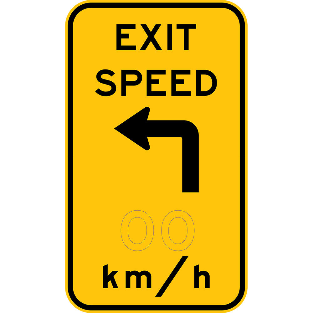 W1-9-3 Exit Speed x km/hr with turn symbol (L or R)