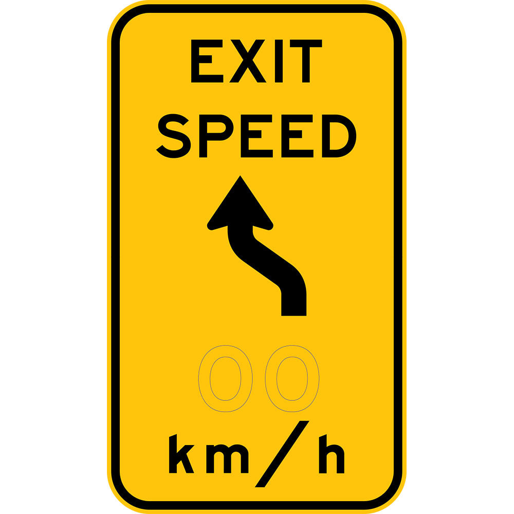 W1-9-4 Exit Speed x km/hr with reverse turn symbol (L or R)