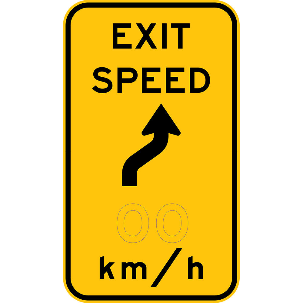 W1-9-4 Exit Speed x km/hr with reverse turn symbol (L or R)