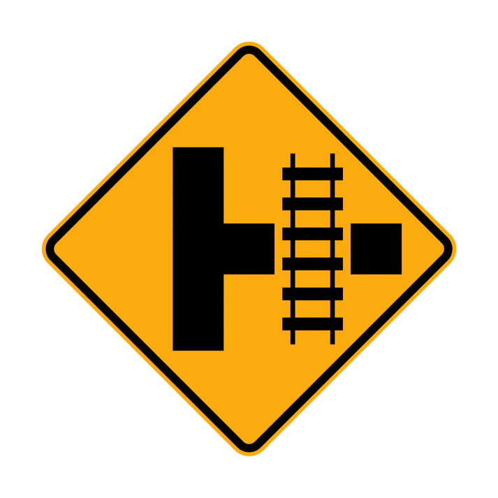 W7-12(R) - Railway Crossing Ahead Diagrammatic - Crossing On Side Road (R illustrated)