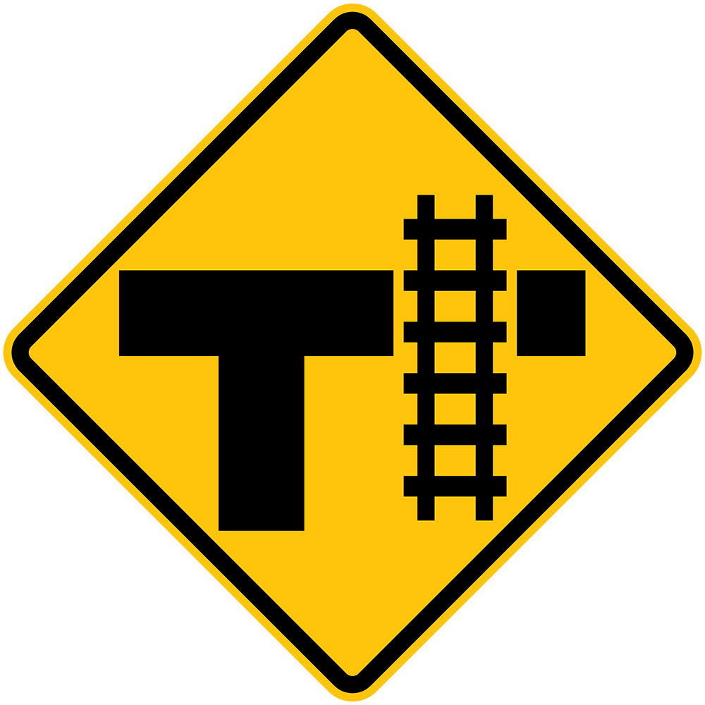 W7-17(R) - Rail Crossing Ahead Diagrammatic - Crossing on bar of T intersection (R illustrated)
