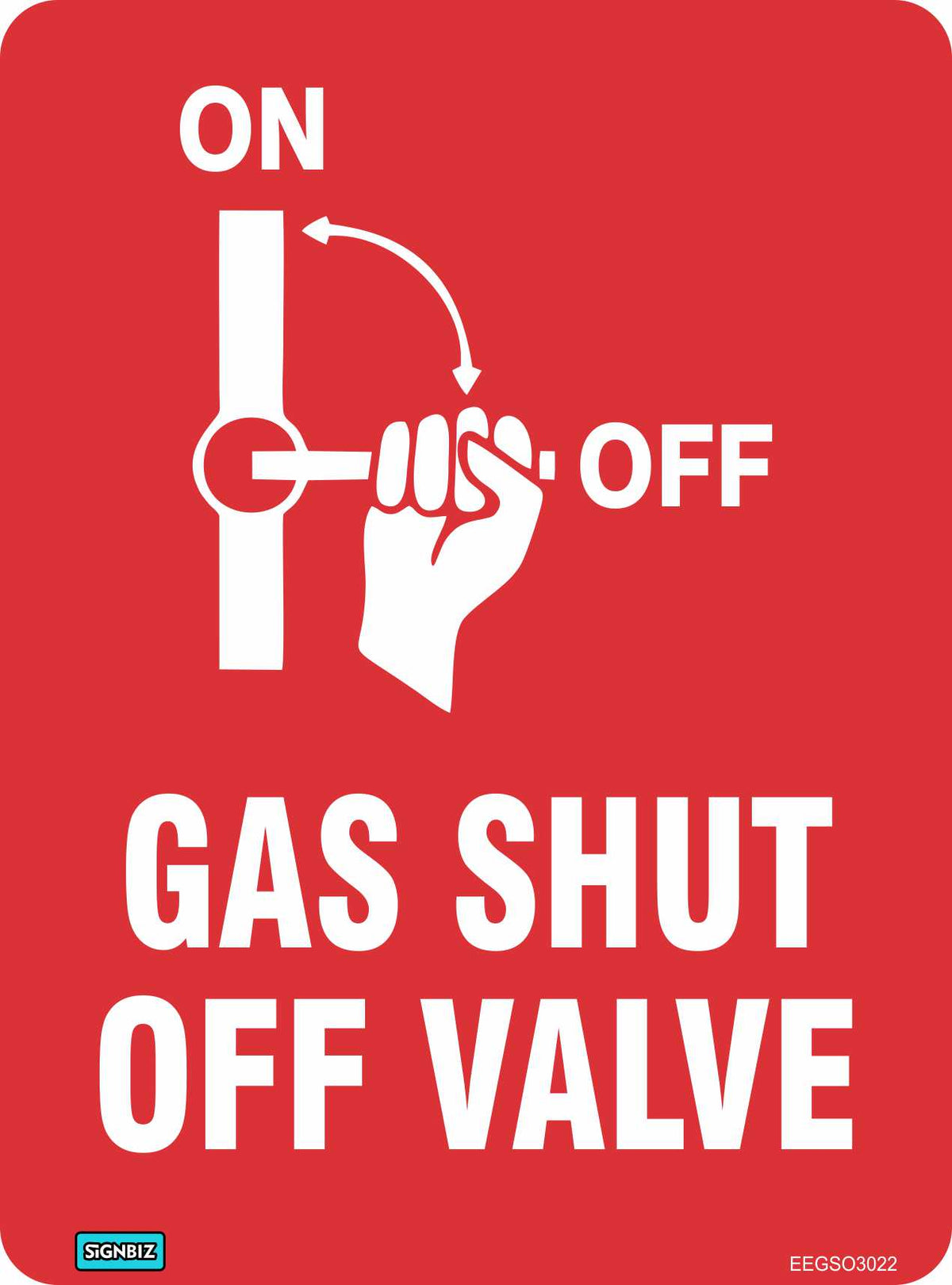 A red “Gas Shut Off Valve” sign features a graphic of a hand turning a valve from “ON” to “OFF,” bold white lettering, and an arrow indicating the shut-off direction. Designed in accordance with AS/NZS1319 emergency information standards, this Gas Shut Off Valve sign clearly identifies essential shut-off points for safety.