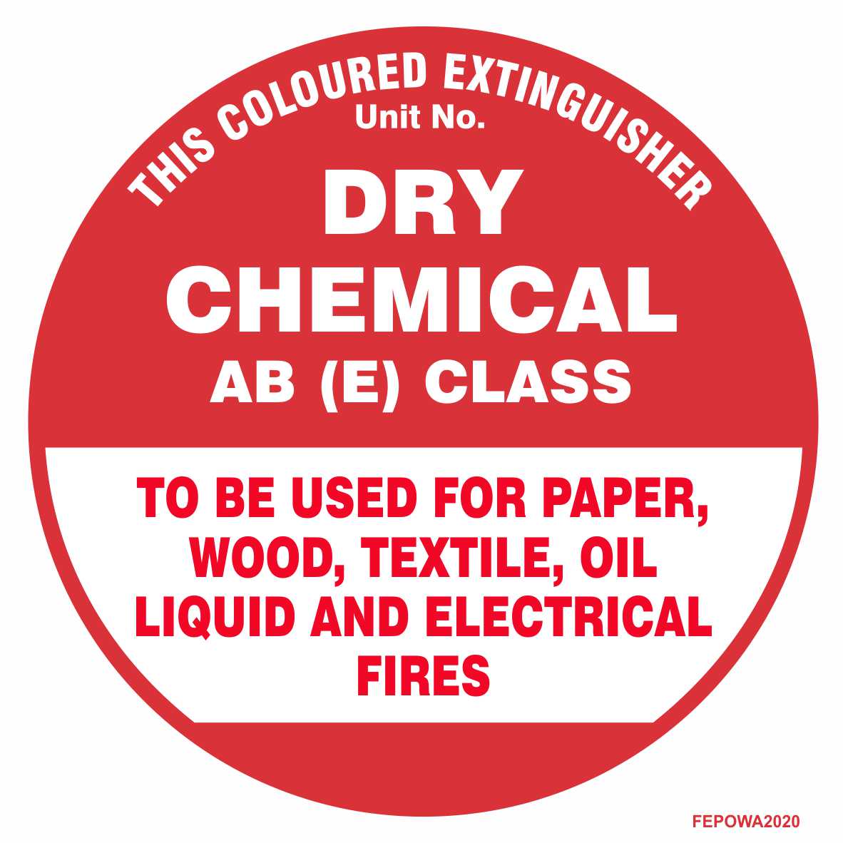 The Fire Extinguisher Identification Sign - DRY CHEMICAL - AB(E) features a red and white label clearly indicating it is suitable for AB (E) class fires involving paper, wood, textiles, oil, liquid, and electrical sources. This safety equipment sign ensures quick and easy identification of the appropriate dry chemical fire extinguisher during emergencies.
